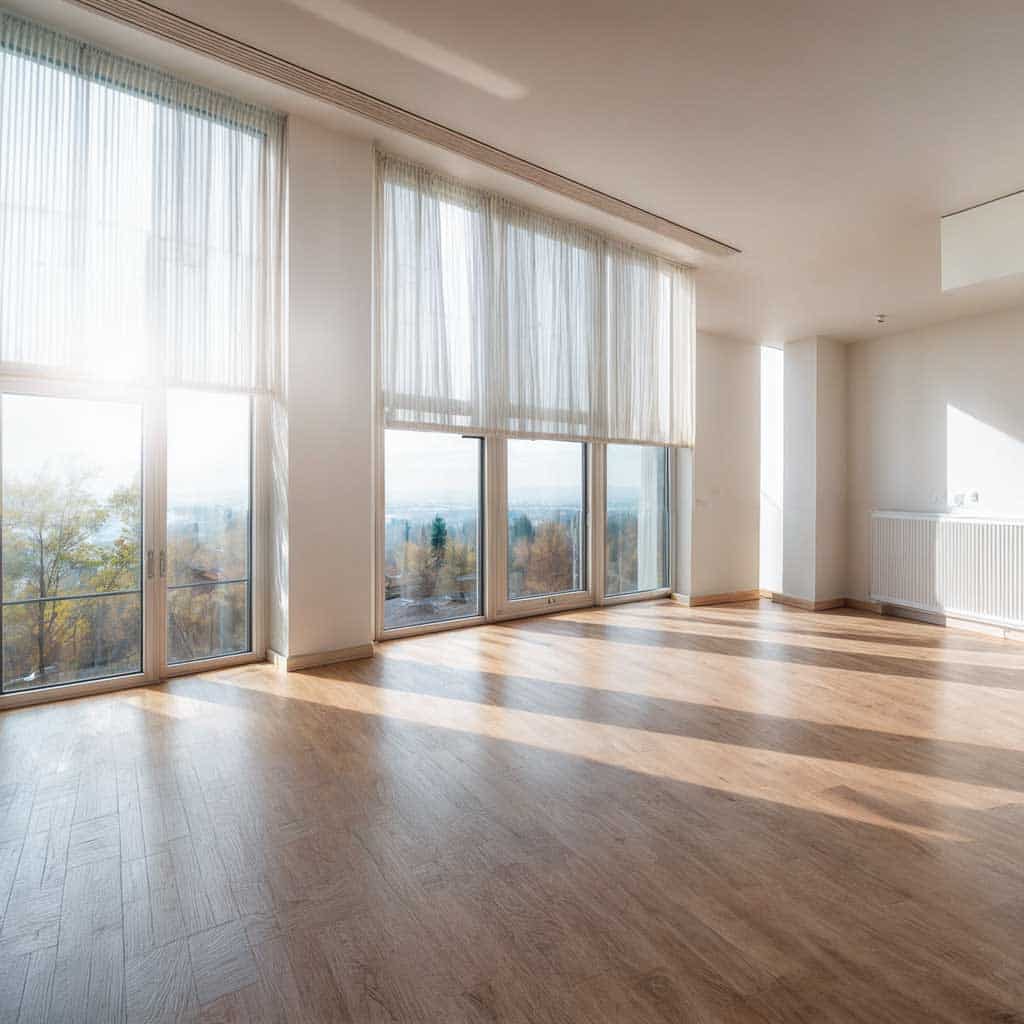 Heller Raum mit großen, bodentiefen Fenstern, die von einem professionellen Fensterputzer gereinigt wurden, und einem klaren Blick auf eine herbstliche Landschaft.